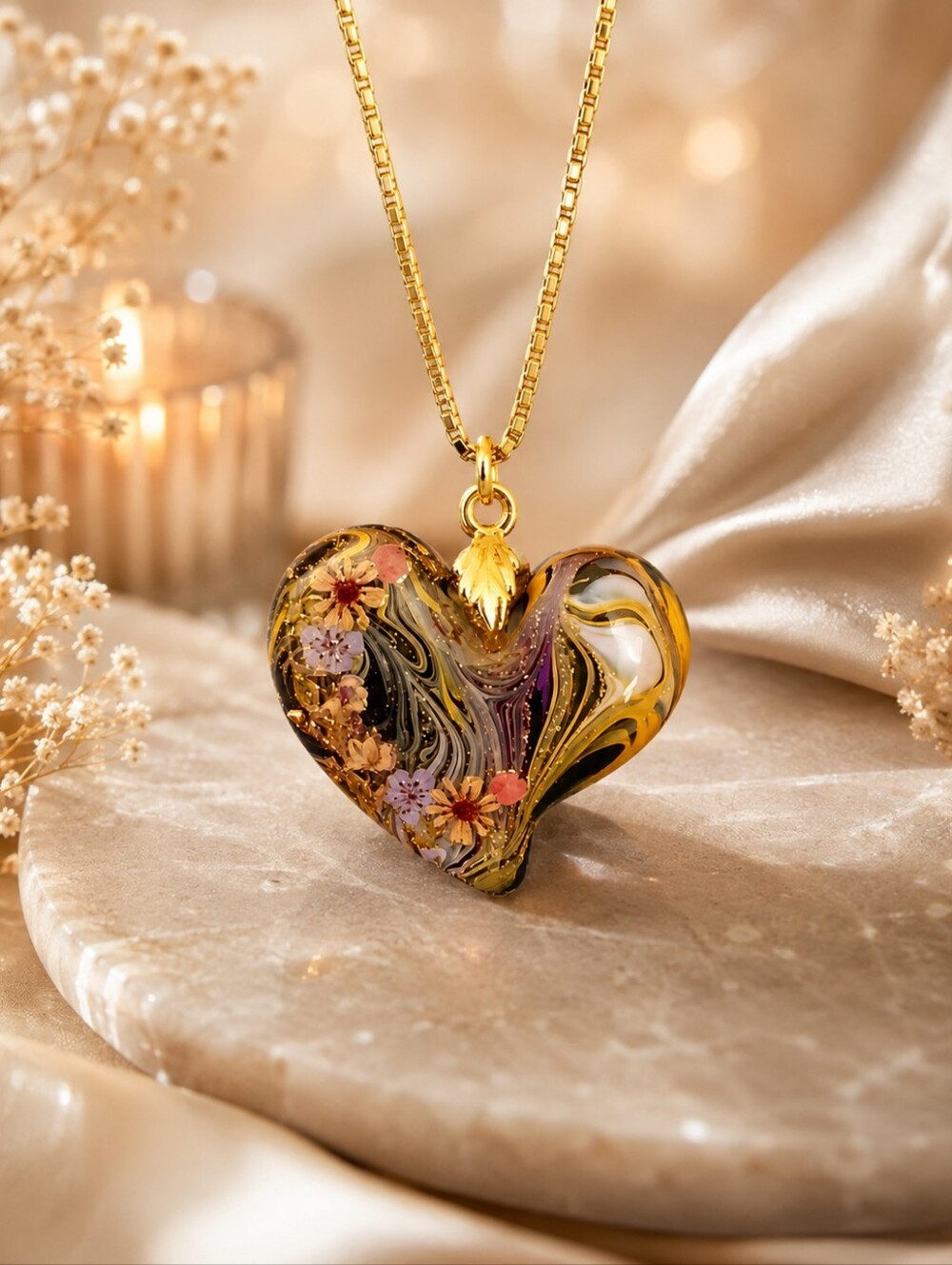 Heart Pendant Necklace with Floral Accents